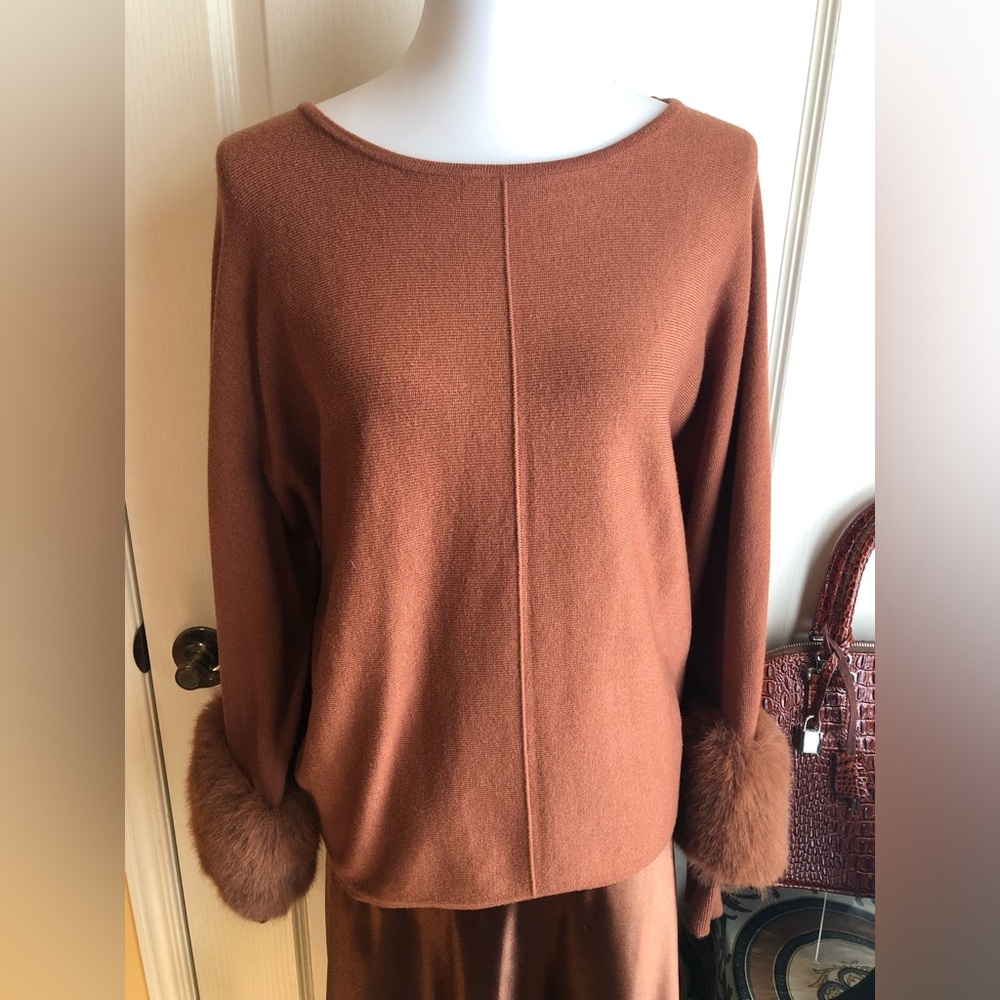 Rust Brown Scoop Neck Sweater  Fur Cuffs